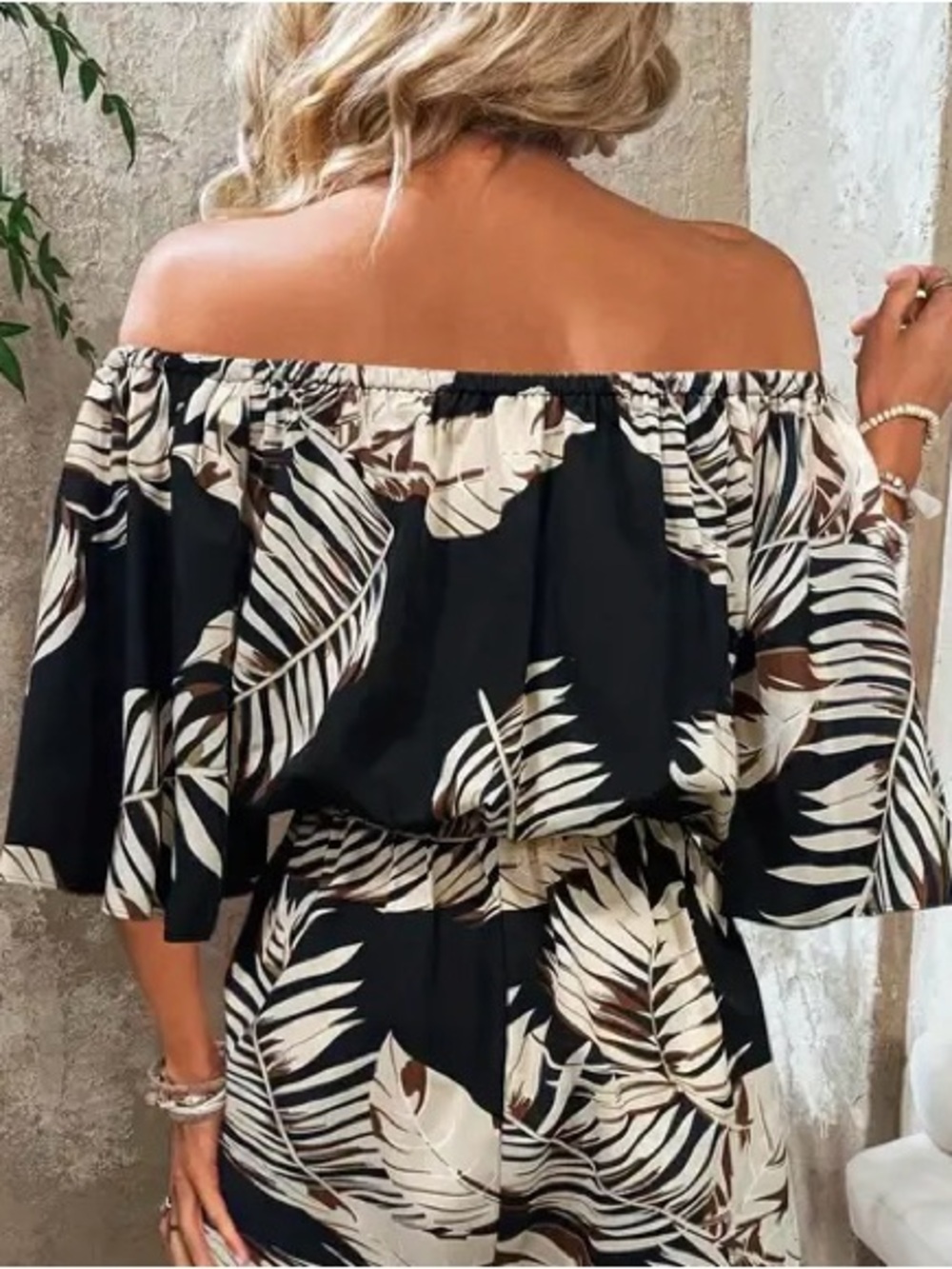 Lizzie’s Boutique Off-Shoulder Black and Beige Tropical Print Romper - Picture 5 of 13